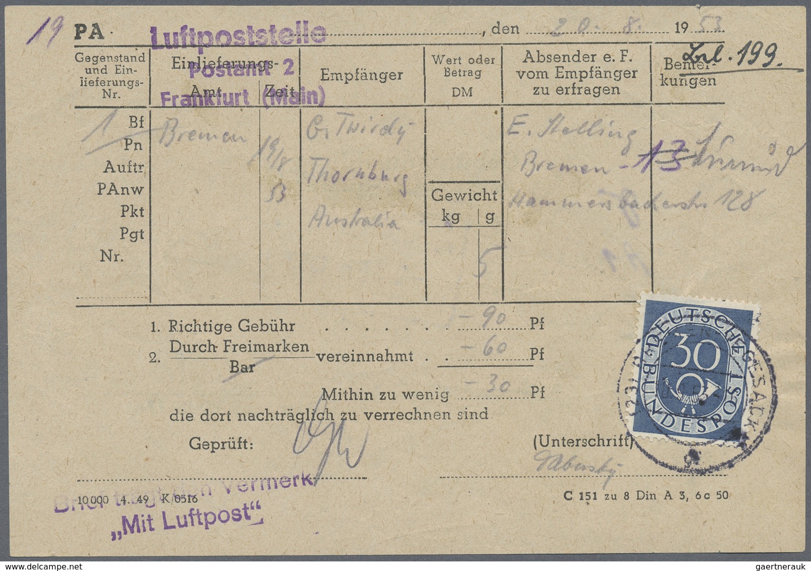 Br Bundesrepublik Deutschland: 1954, 30 Pfg. Posthorn, Einzelfrankatur Auf Gebührenmeldung, Gestempelt - Altri & Non Classificati