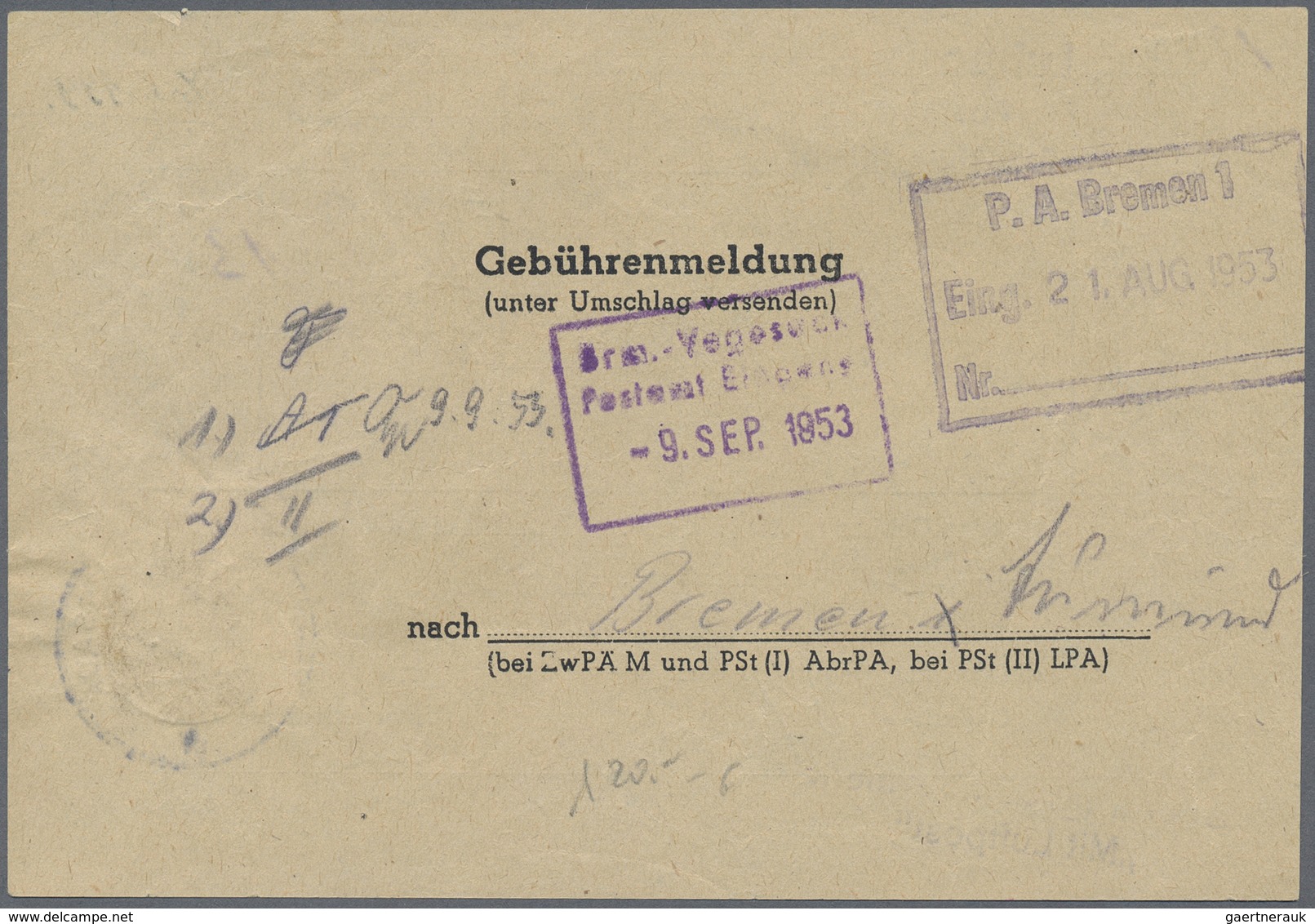 Br Bundesrepublik Deutschland: 1954, 30 Pfg. Posthorn, Einzelfrankatur Auf Gebührenmeldung, Gestempelt - Altri & Non Classificati