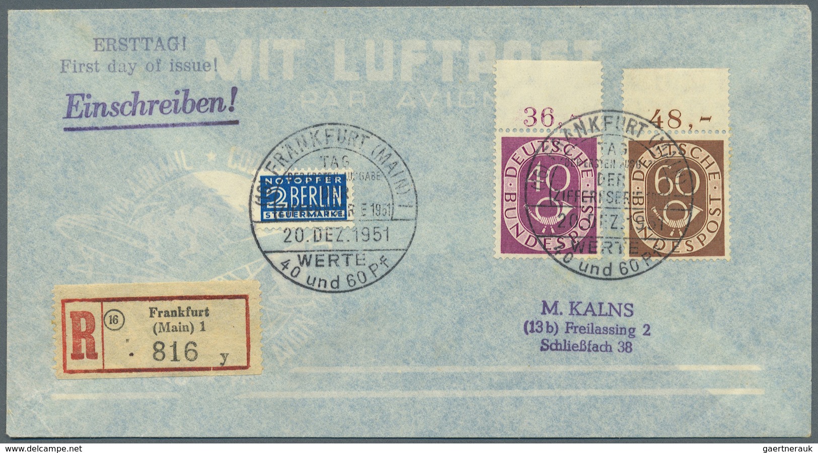 Bundesrepublik Deutschland: 1951: 40 Und 60 Pfg. Posthorn Je Vom Oberrand Auf Sammler-R-Brief Mit Er - Autres & Non Classés