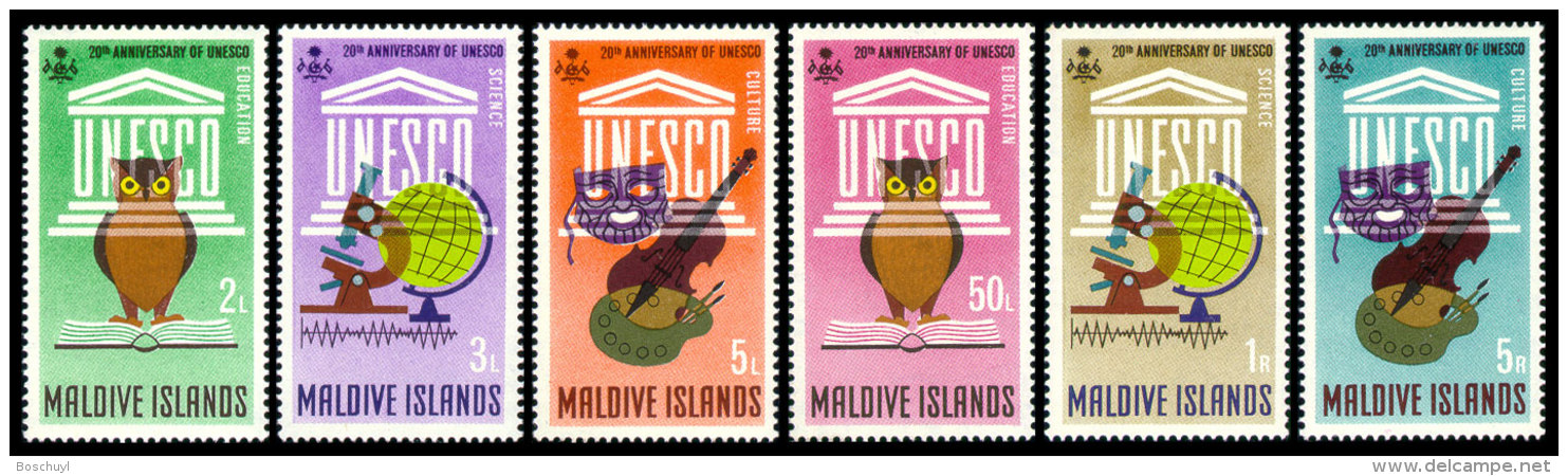 Maldive Islands, 1966, UNESCO 20th Anniversary, United Nations, MNH, Michel 195-200A - Maldives (1965-...)