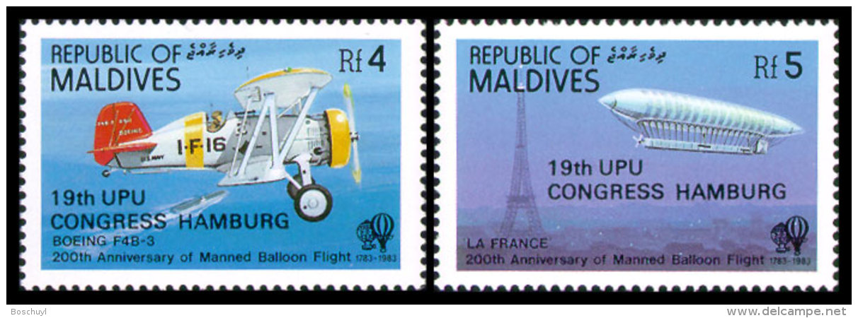 Maldive Islands, 1984, UPU World Postal Congress Hamburg, Zeppelin, United Nations, MNH Overprinted, Michel 1041-1042 - Maldives (1965-...)