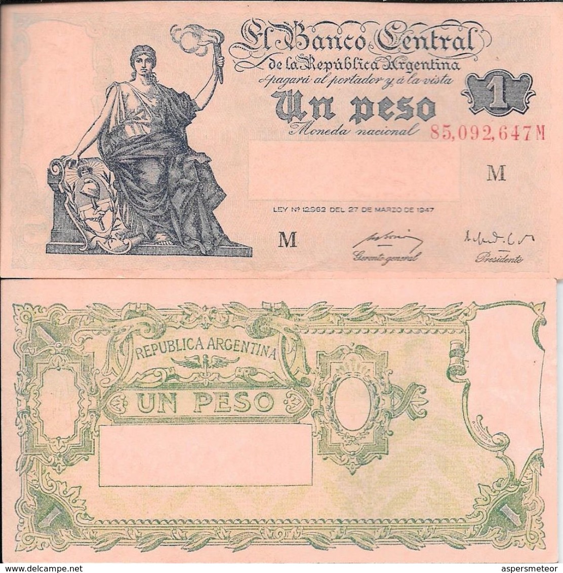 REPUBLICA ARGENTINA BANCO CENTRAL BILLETE DE 1 UN PESO AÑO 1947 MUY BUEN ESTADO ORIGINAL - Argentina