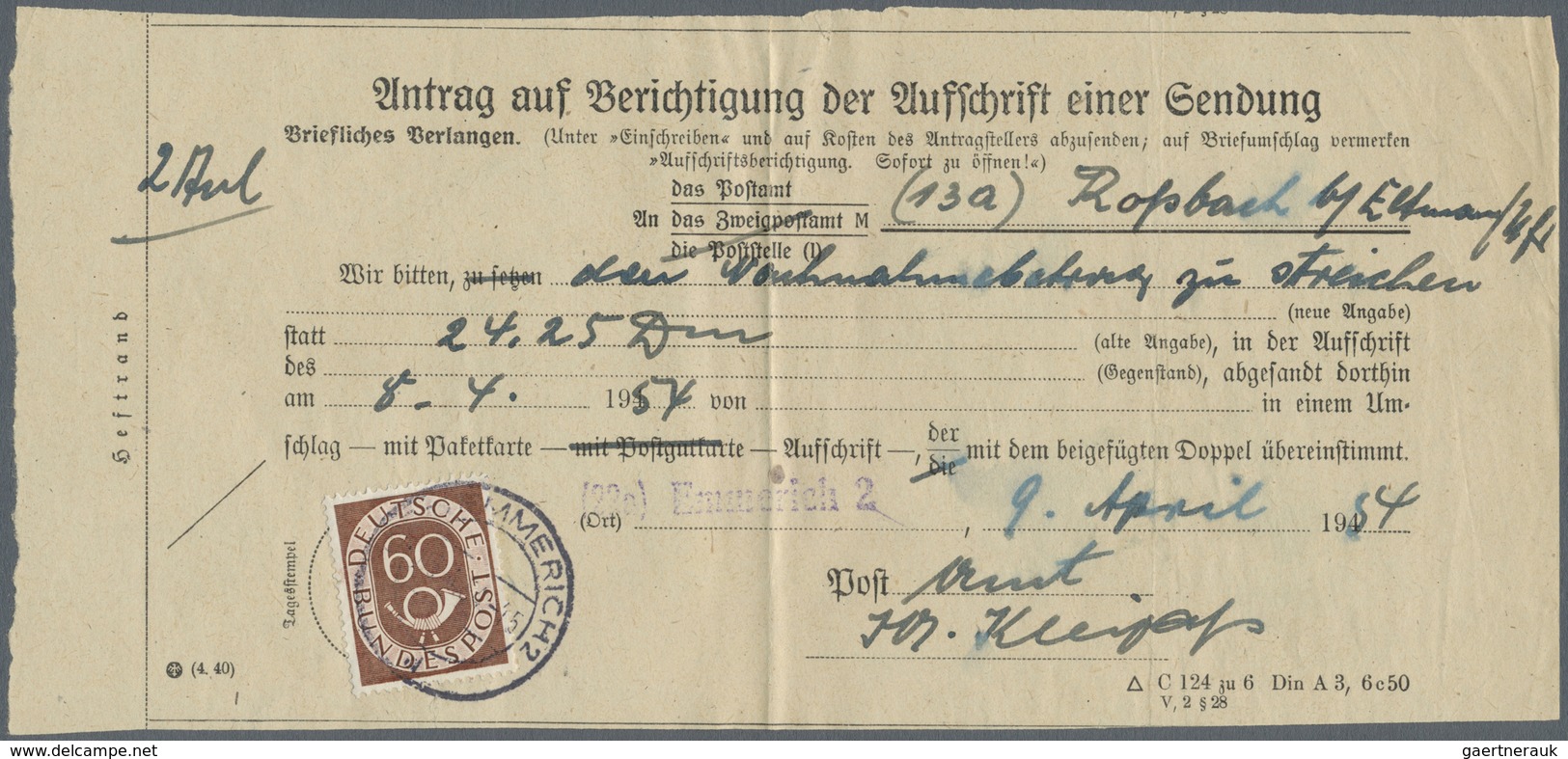 Br Bundesrepublik Deutschland: 1954, 60 Pf Posthorn Auf "Antrag Auf Berichtigung Der Aufschrift Einer S - Sonstige & Ohne Zuordnung