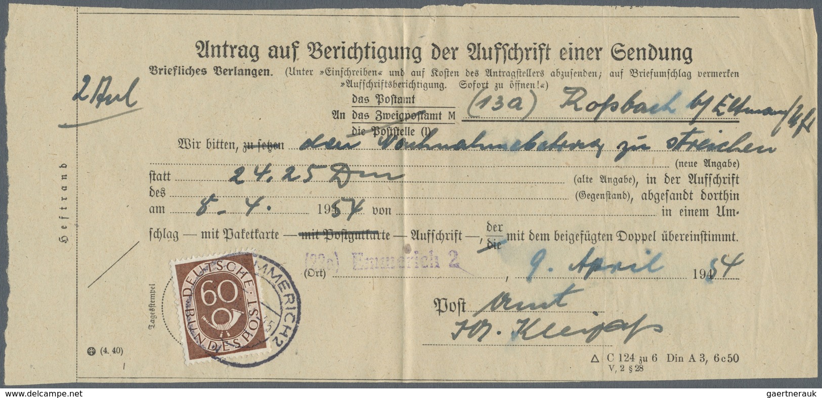 Br Bundesrepublik Deutschland: 1954, 60 Pf Posthorn Auf "Antrag Auf Berichtigung Der Aufschrift Einer S - Autres & Non Classés