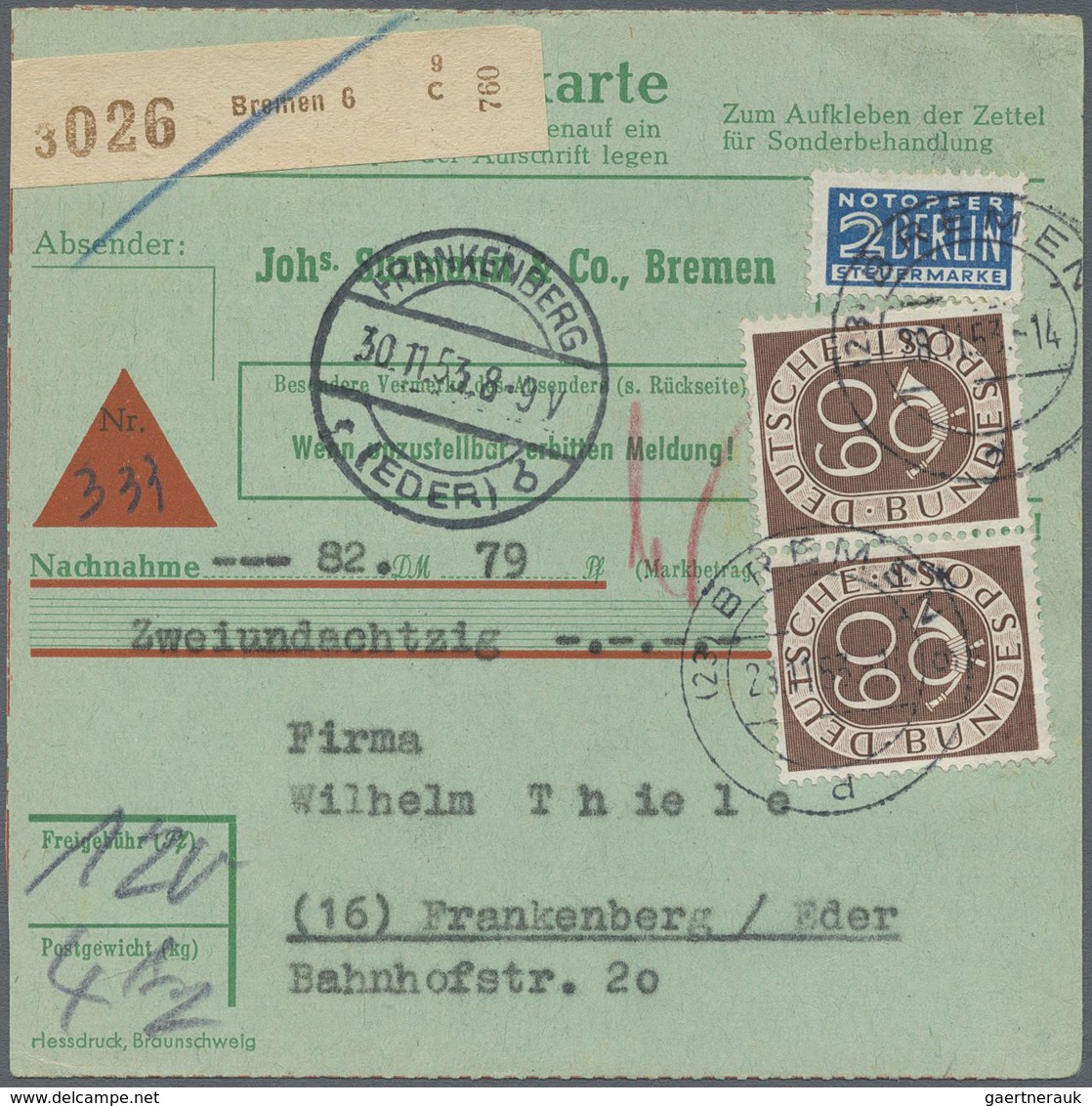 Br Bundesrepublik Deutschland: 1953/1954, Waagerechtes Paar 60 Pfg. Posthorn Auf Paketkarte Ab BREMEN S - Altri & Non Classificati