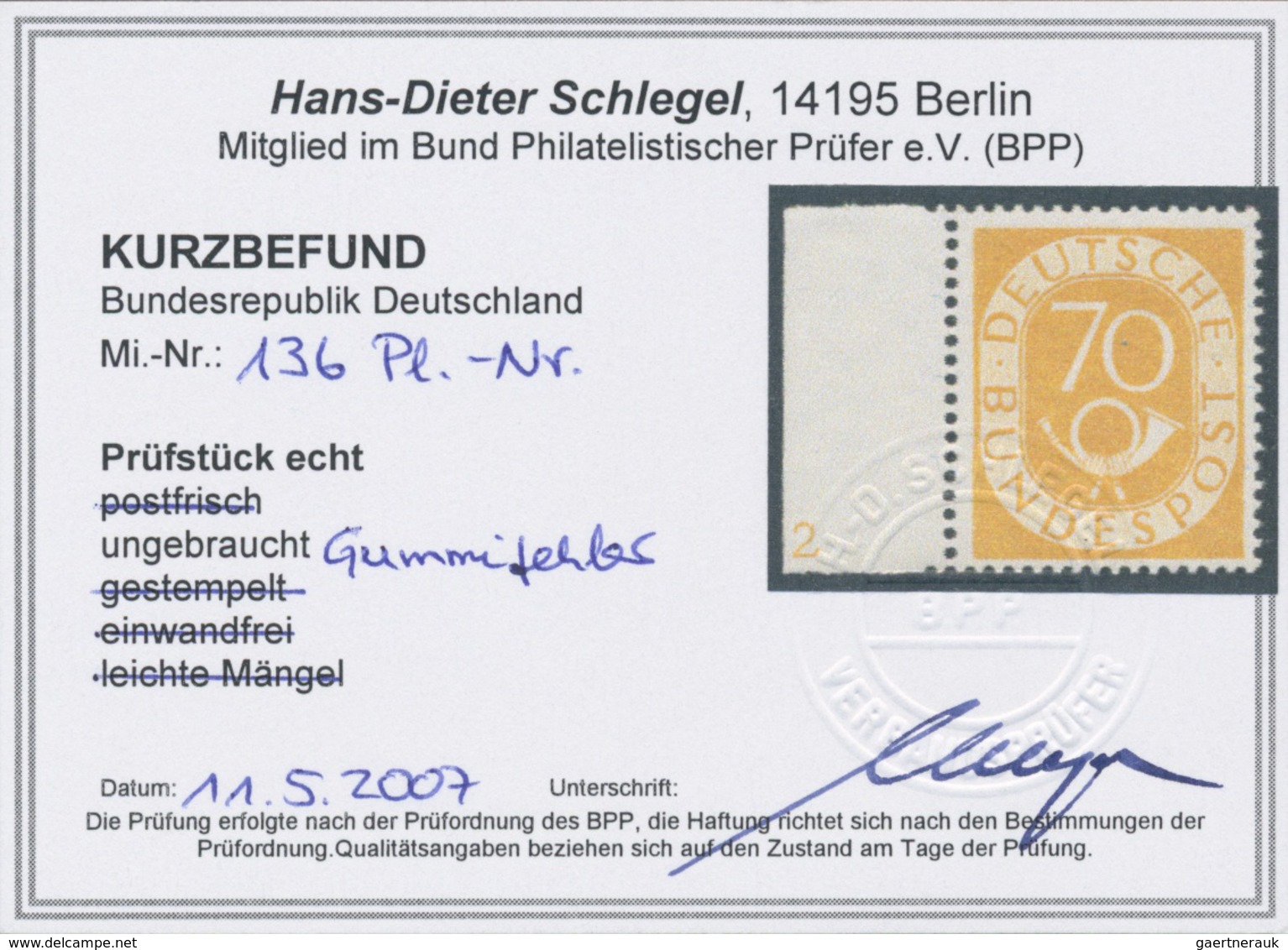* Bundesrepublik Deutschland: 1951: 70 Pfg. Posthorn Vom Linken Seitenrand Mit Plattennummer "2". Lt. - Sonstige & Ohne Zuordnung
