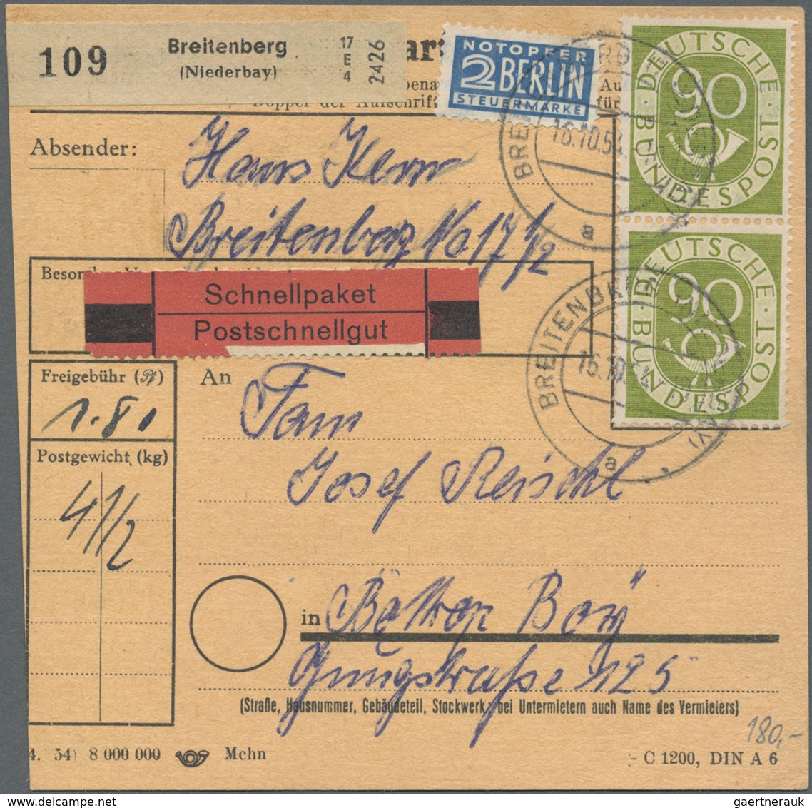 Br Bundesrepublik Deutschland: 1951, 90 Pfg Posthorn Im Senkr. Paar Auf Schnellpaketkarte Aus Breitenbe - Altri & Non Classificati