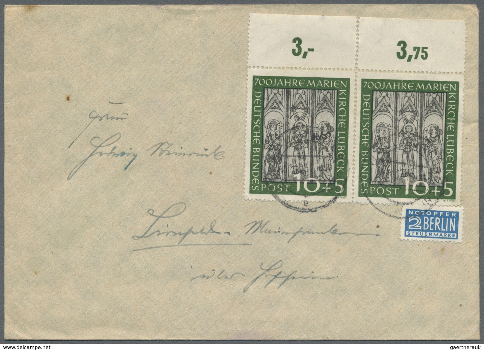 Br Bundesrepublik Deutschland: 1951, 10+5 Pf Marienkirche, Zwei Stück Vom Oberrand Auf Brief (Brandflec - Altri & Non Classificati