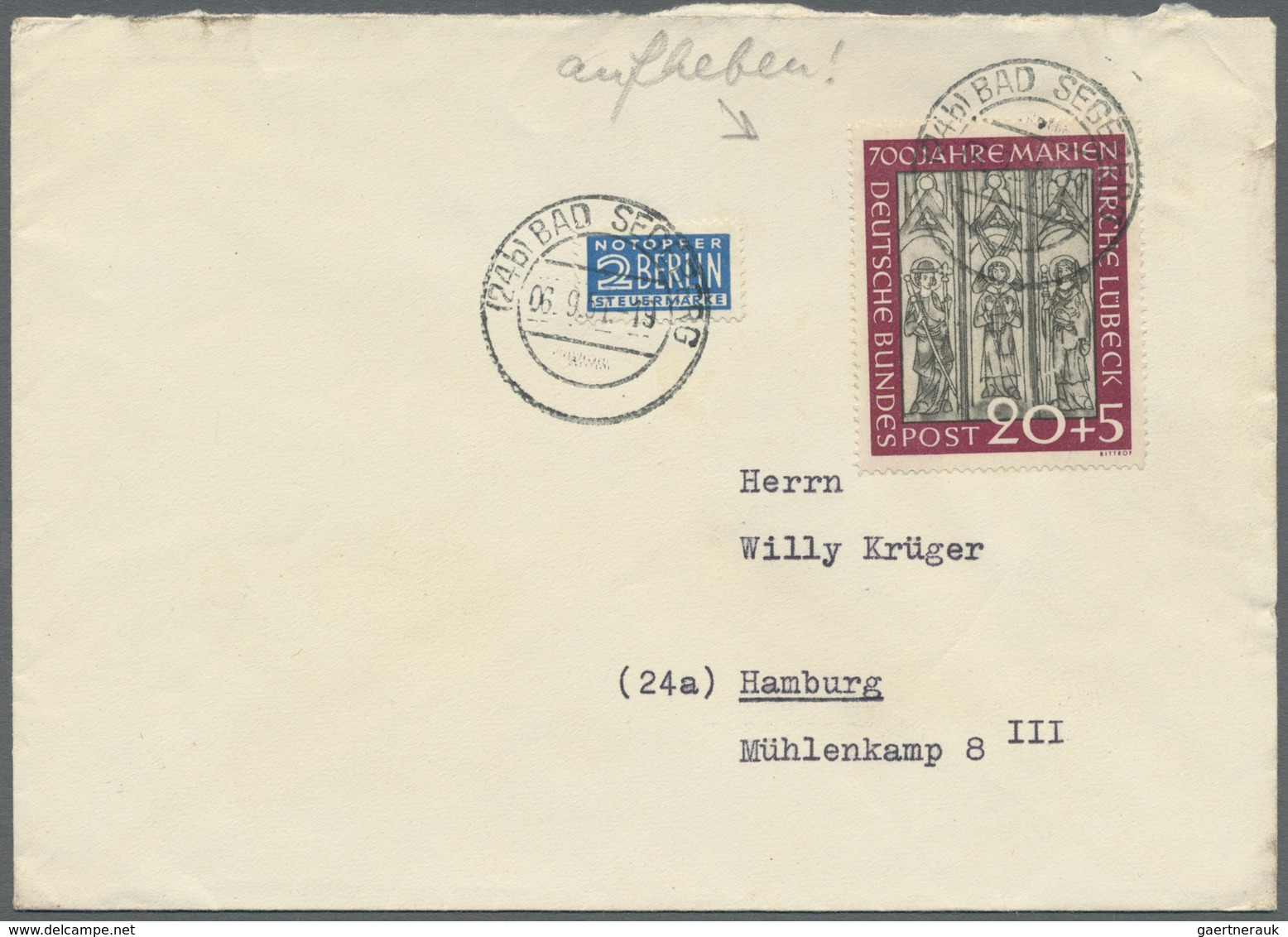 Br Bundesrepublik Deutschland: 1951, 10+5 Pf Marienkirche, Zwei Stück Vom Oberrand Auf Brief (Brandflec - Altri & Non Classificati