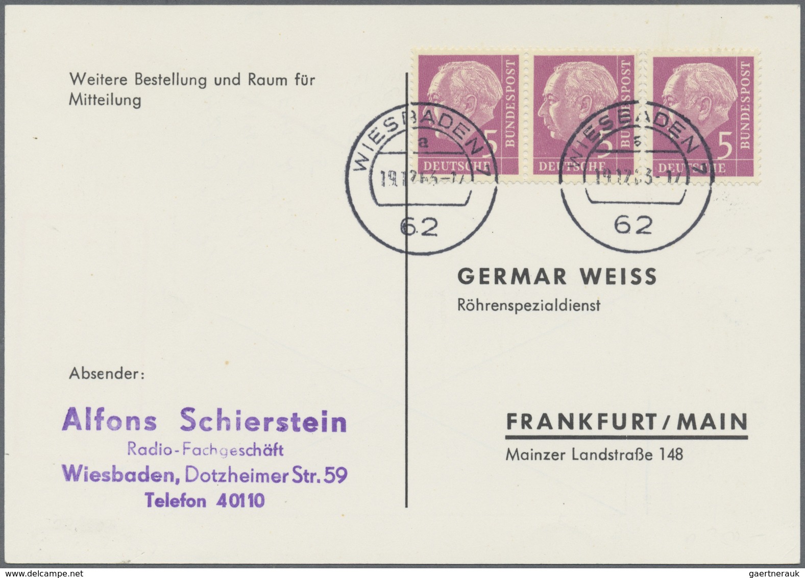 Br Bundesrepublik Deutschland: 1960, 5 Pf Heuss Lumogen, Waagerechter 3er-Streifen Als Portogerechte Me - Altri & Non Classificati