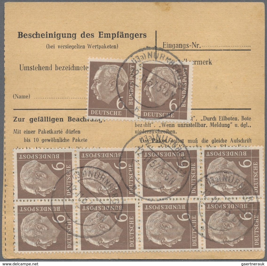 Br Bundesrepublik Deutschland: 1954, 6 Pf Heuss, 10 Stück (8er-Block Und Waager. Paar) Als Portogerecht - Altri & Non Classificati