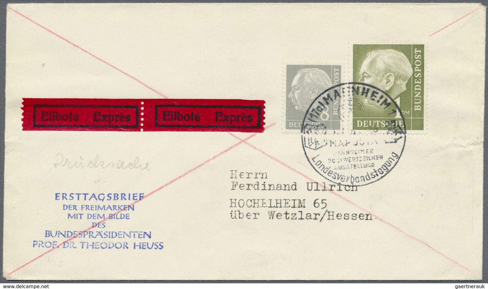 Bundesrepublik Deutschland: 1954, 8 Pf. Und 1 DM Heuss Auf Ersttagsbrief Mit SoSt. MANNHEIM 1 / 1.4. - Sonstige & Ohne Zuordnung