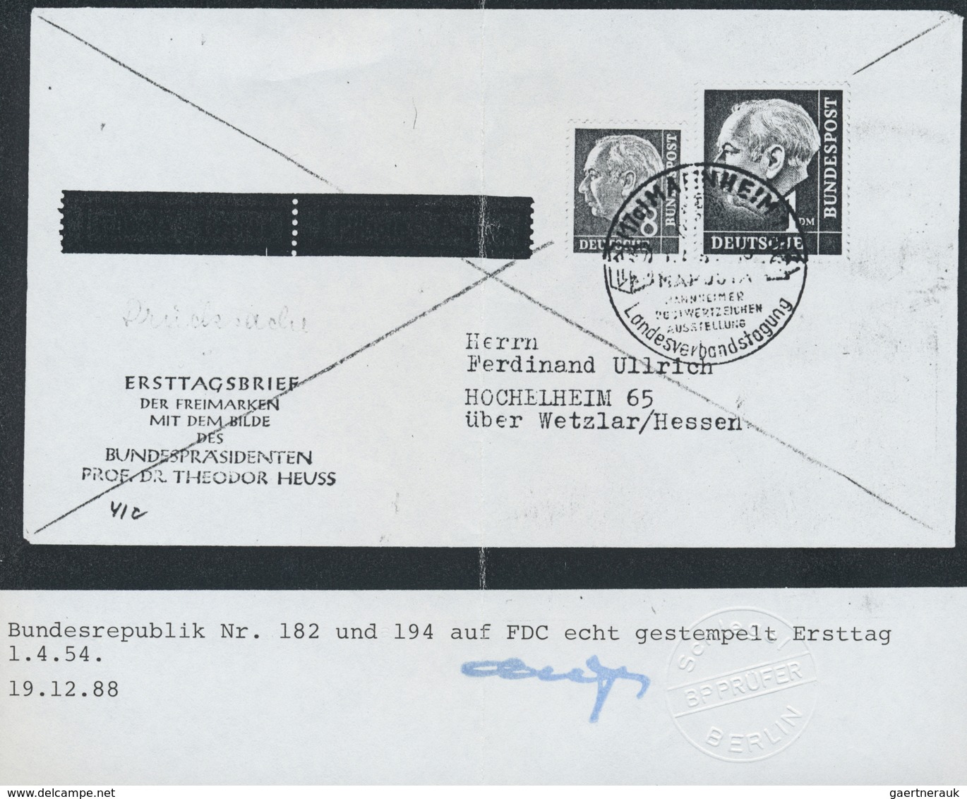 Bundesrepublik Deutschland: 1954, 8 Pf. Und 1 DM Heuss Auf Ersttagsbrief Mit SoSt. MANNHEIM 1 / 1.4. - Sonstige & Ohne Zuordnung