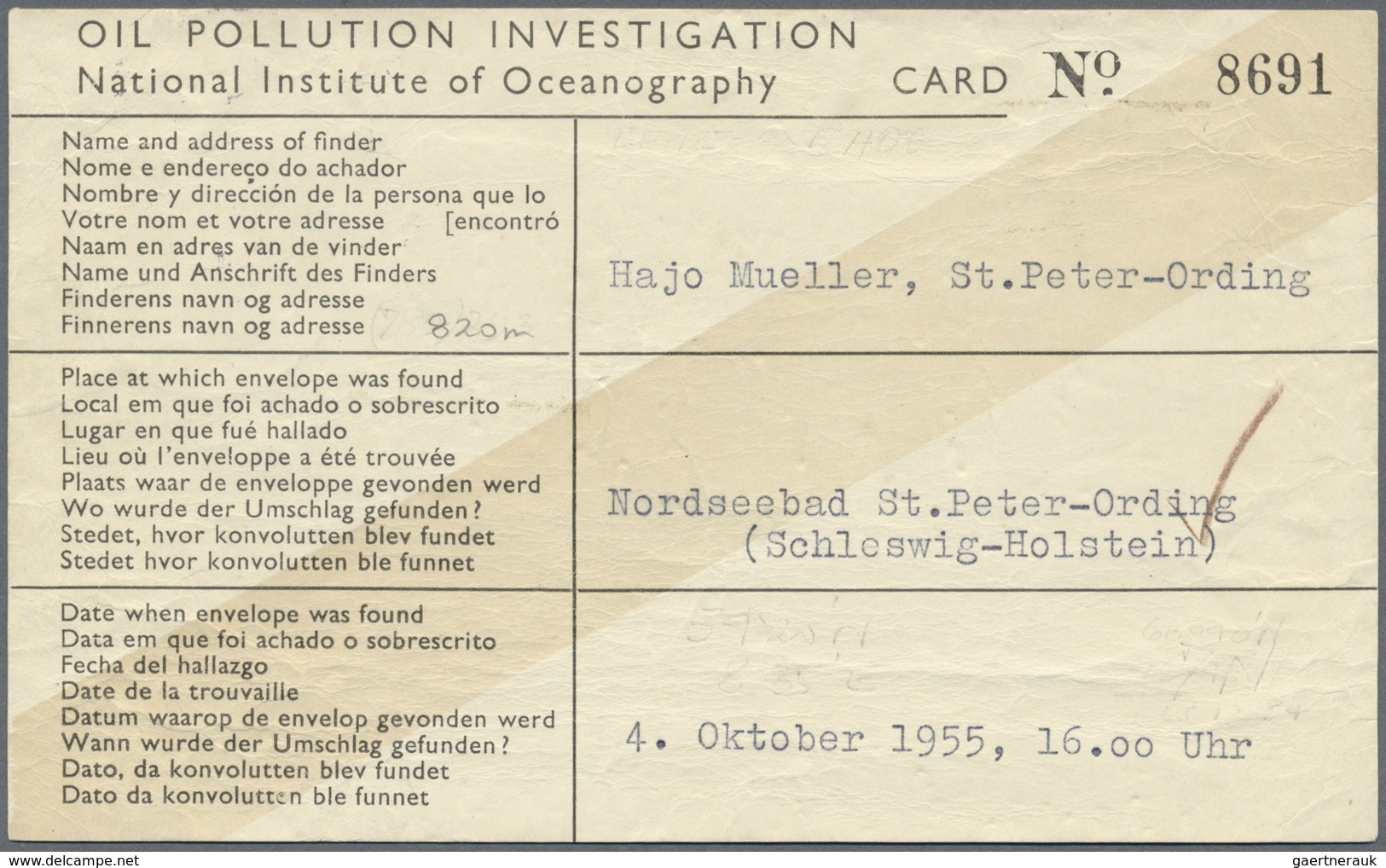 Br Bundesrepublik Deutschland: 1955, 20 Heuss Als EF Auf "Flaschenpost-Antwortkarte" Vom 6.10.55. WELTU - Altri & Non Classificati