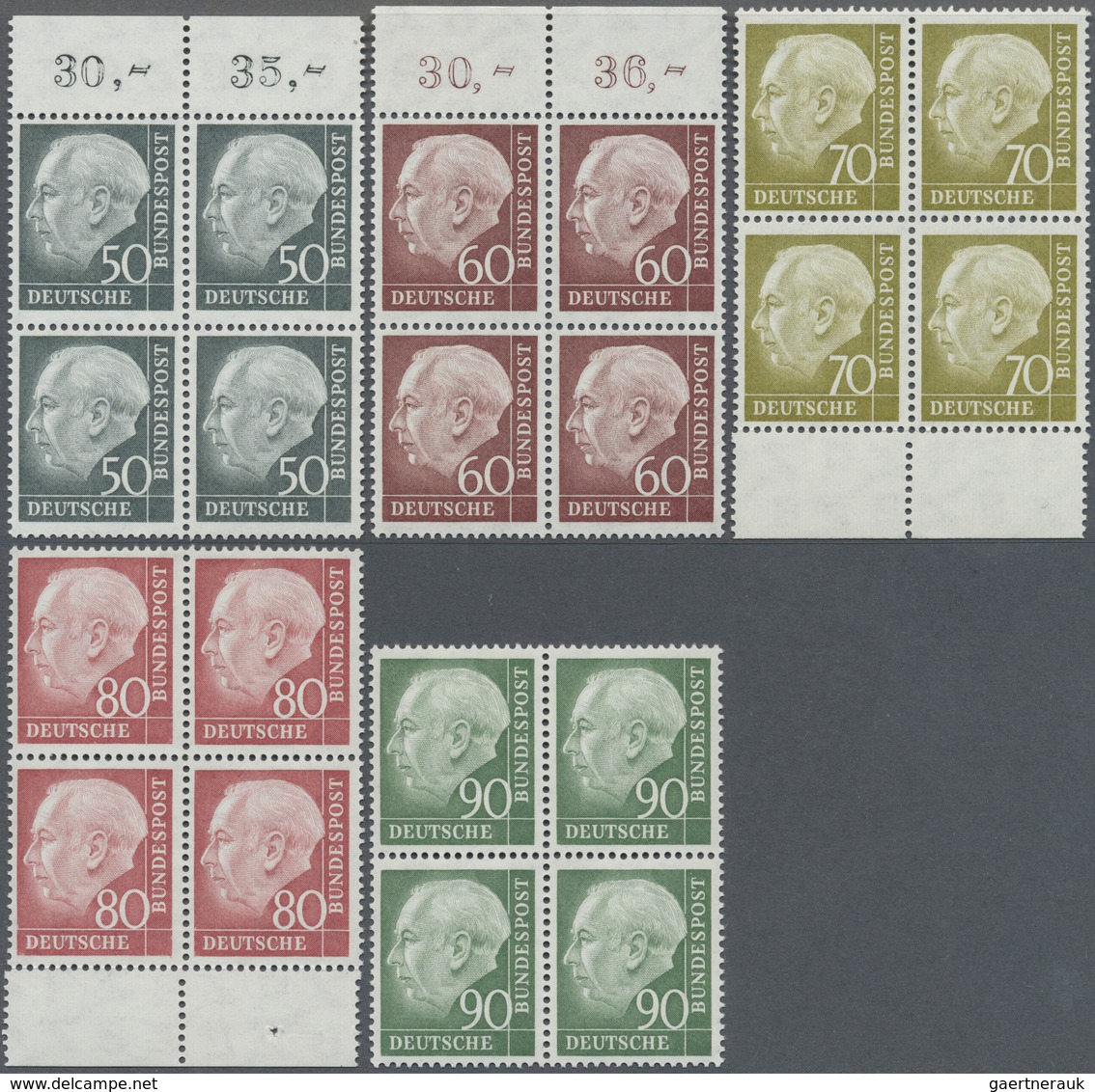 ** Bundesrepublik Deutschland: 1954, 50 Pf Bis 90 Pf Heuss I Je Im 4er-Block (4x OR/UR/teils Faltspur) - Altri & Non Classificati