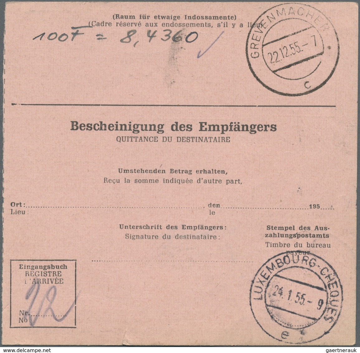 Br Bundesrepublik Deutschland: 1954, 50 Pf Heuss, Drei Versch. Frankaturen Auf Auslandspostanweisungen, - Altri & Non Classificati