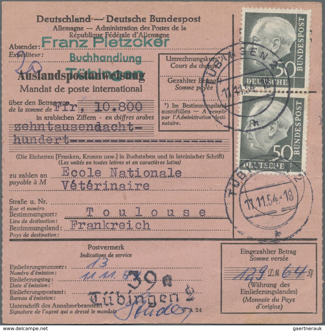 Br Bundesrepublik Deutschland: 1954, 50 Pf Heuss, Drei Versch. Frankaturen Auf Auslandspostanweisungen, - Altri & Non Classificati