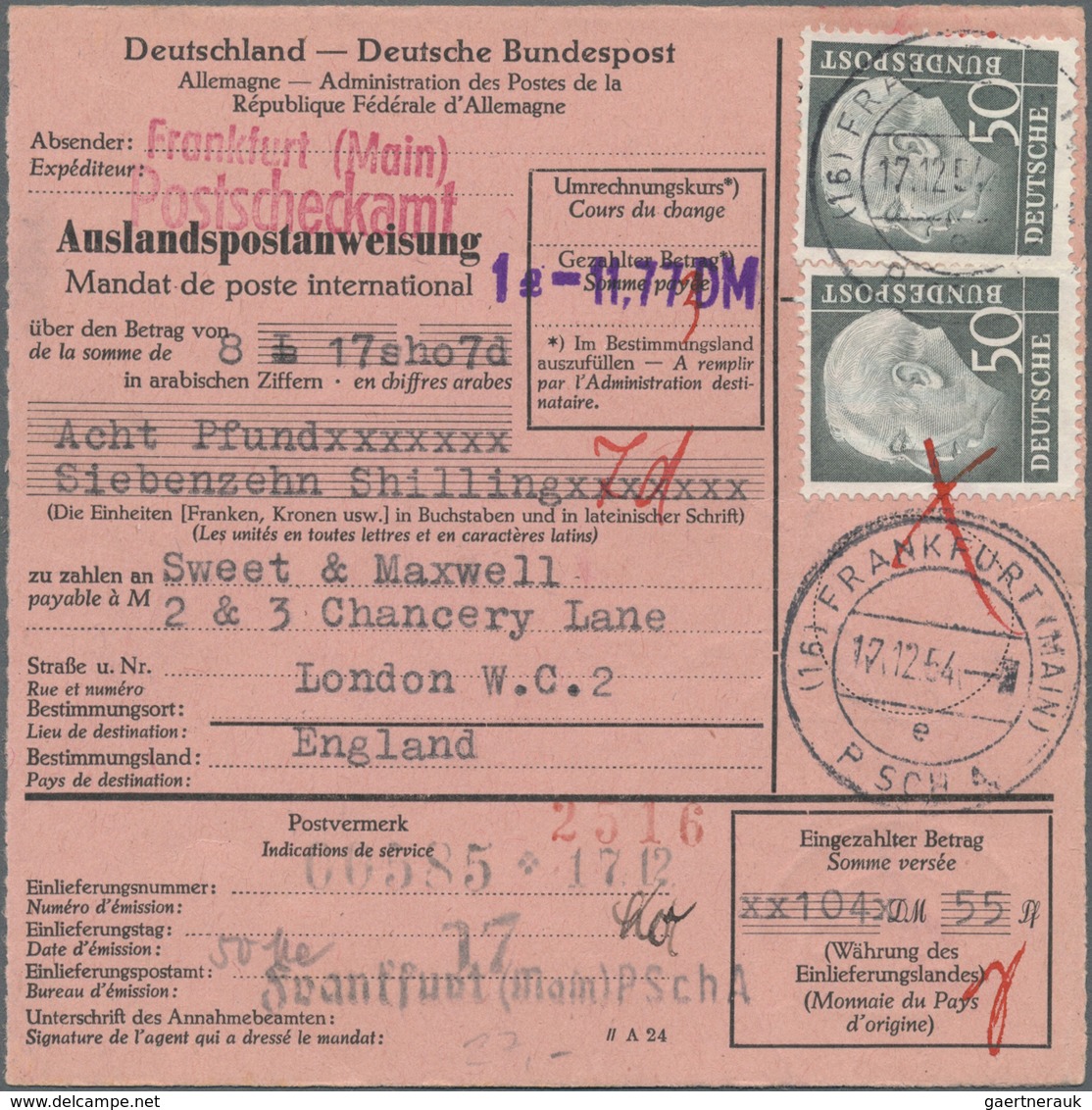 Br Bundesrepublik Deutschland: 1954, 50 Pf Heuss, Drei Versch. Frankaturen Auf Auslandspostanweisungen, - Altri & Non Classificati