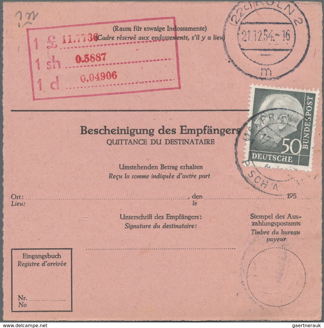 Br Bundesrepublik Deutschland: 1954, 50 Pf Heuss, Drei Versch. Frankaturen Auf Auslandspostanweisungen, - Altri & Non Classificati