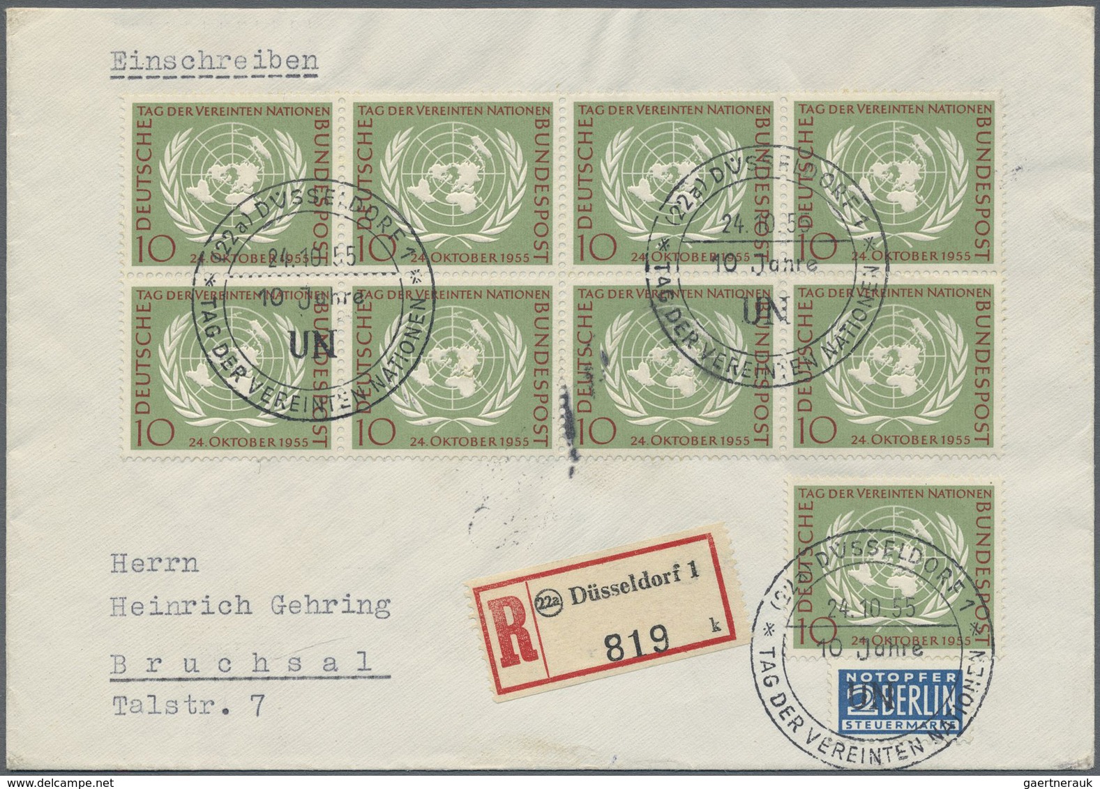 Br/ Bundesrepublik Deutschland: 1955, 10 Pfg. "10 Jahre Vereinte Nationen" Auf Einschreiben 2. Gewichtss - Altri & Non Classificati