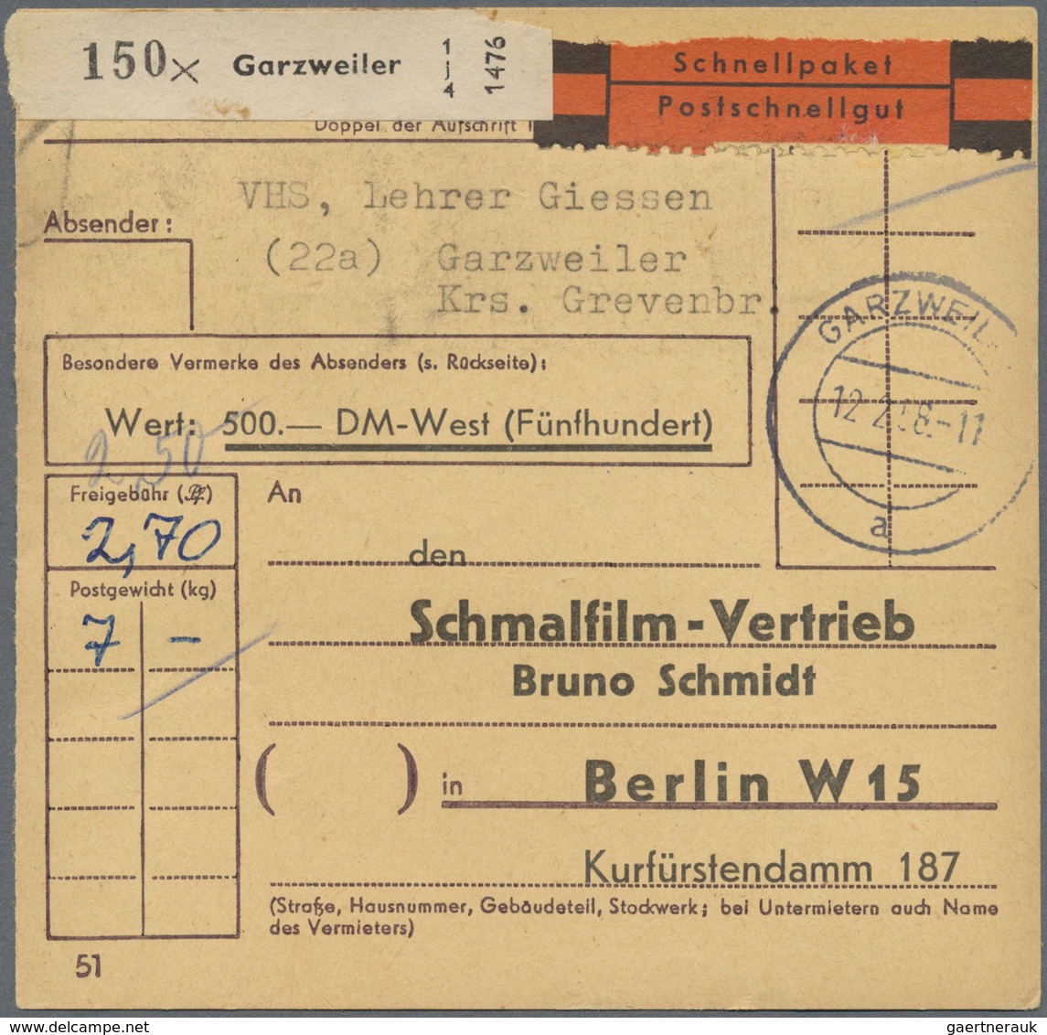 Br Bundesrepublik Deutschland: 1957, 30 Pf Heuss, 9 Stück Incl. 4er-Block Als Portogerechte MeF Auf Wer - Altri & Non Classificati