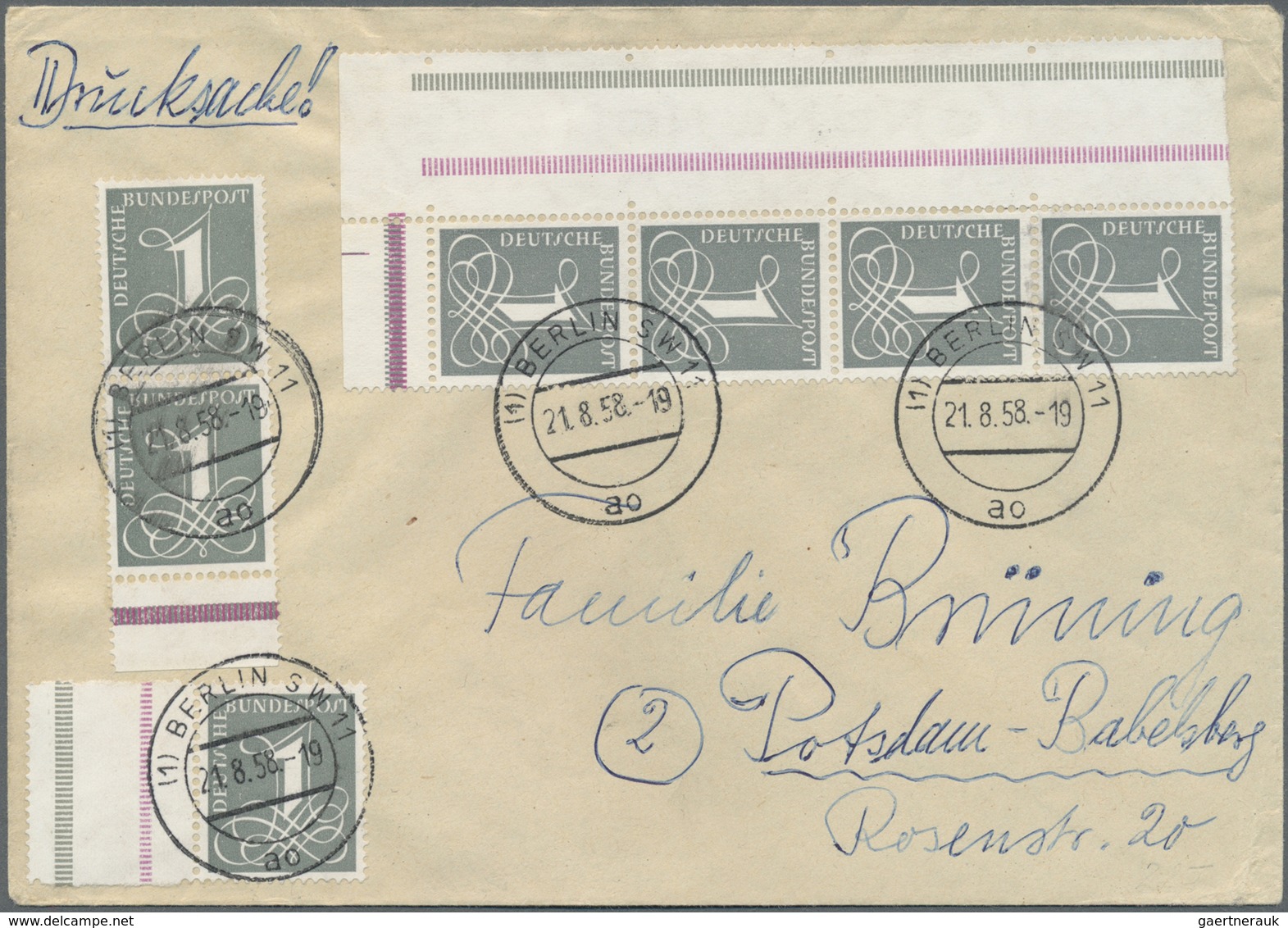Br Bundesrepublik Deutschland: 1958, 1 Pf Dkl'blaugrau Ziffer, Wz. 4W, 7 Stück, Teils Mit Stegansätzen - Sonstige & Ohne Zuordnung