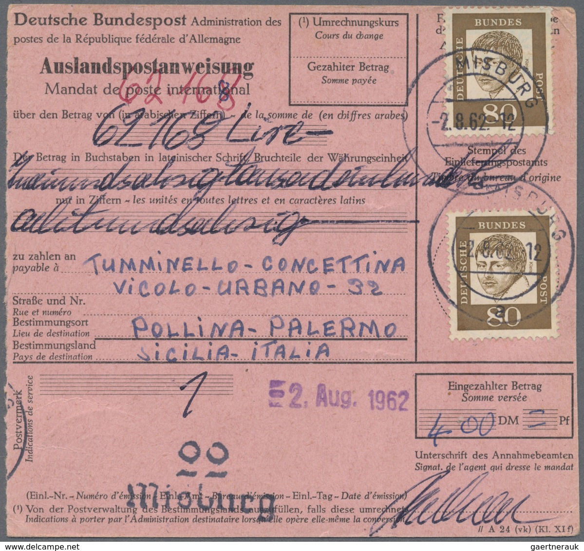 Br Bundesrepublik Deutschland: 1961, 3 X 80 Pf Ockerbraun, Portogerechte MeF Auf Auslandspostanweisung - Sonstige & Ohne Zuordnung