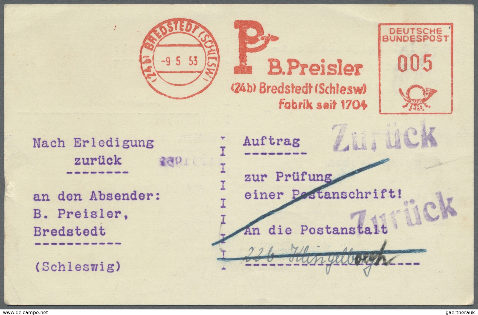 Br Bundesrepublik - Besonderheiten: 1953, 9.5. (24b) Bredstedt (Schleswig) Roter 5 Pfg. Firmenfreistpl. - Sonstige & Ohne Zuordnung