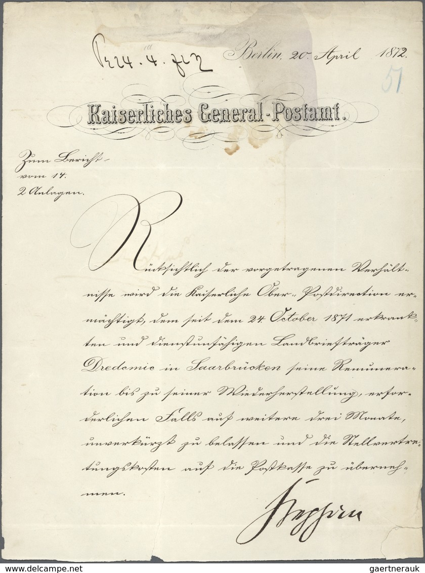 Autographen: 1872, 20. April, Briefbogen Des Kaiserlichen General-Postamts Mit Handschriftlichem Bri - Autres & Non Classés