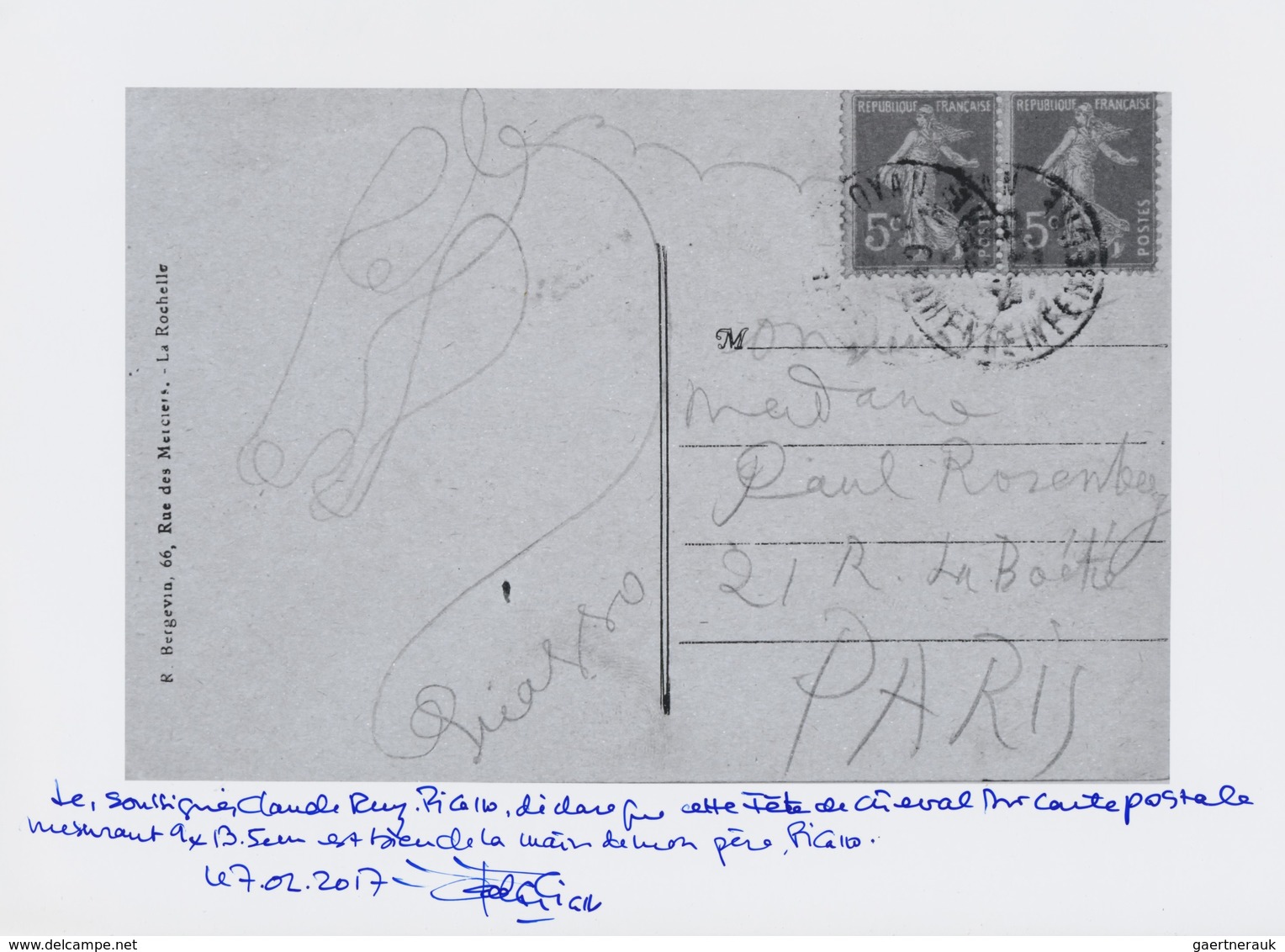 Autographen: PICASSO Pablo, A ORIGINAL HANDDRAWN CARD With Motive Horse's Head + Signature Both Unif - Altri & Non Classificati