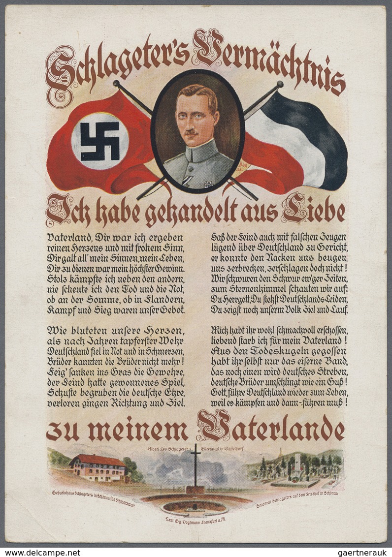 Ansichtskarten: Propaganda: 1933 (ca). Farbkarte "Schlageter's Vermächtnis / Ich Habe Gehandelt Aus - Partiti Politici & Elezioni