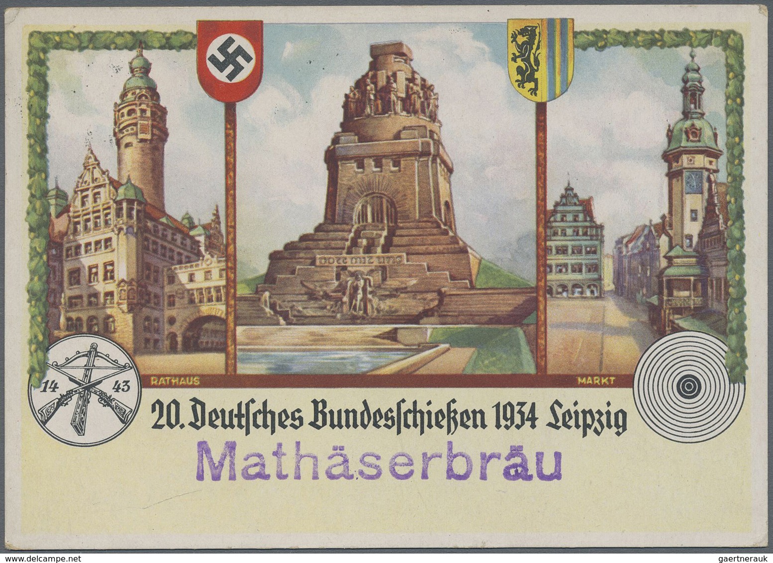 Ansichtskarten: Propaganda: 1934, "20. Deutsches Bundesschießen Leipzig" Offiz. Festpostkarte Nr. 1 - Parteien & Wahlen