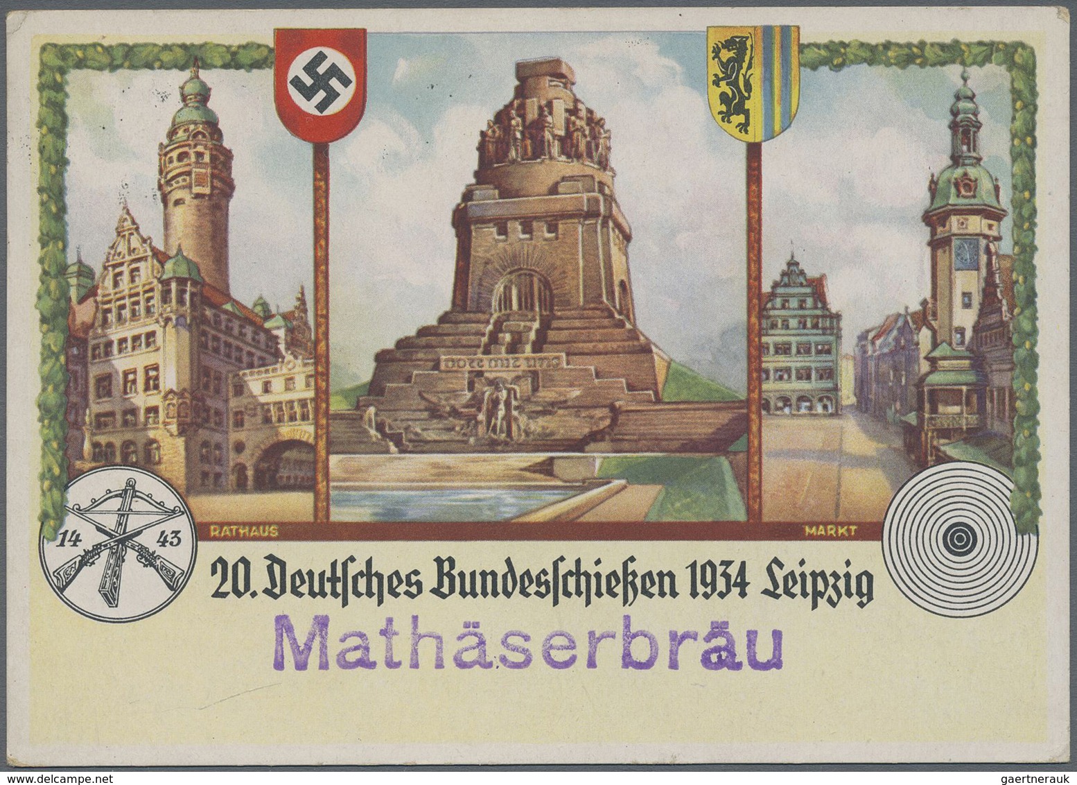 Ansichtskarten: Propaganda: 1934, "20. Deutsches Bundesschießen Leipzig" Offiz. Festpostkarte Nr. 1 - Partis Politiques & élections