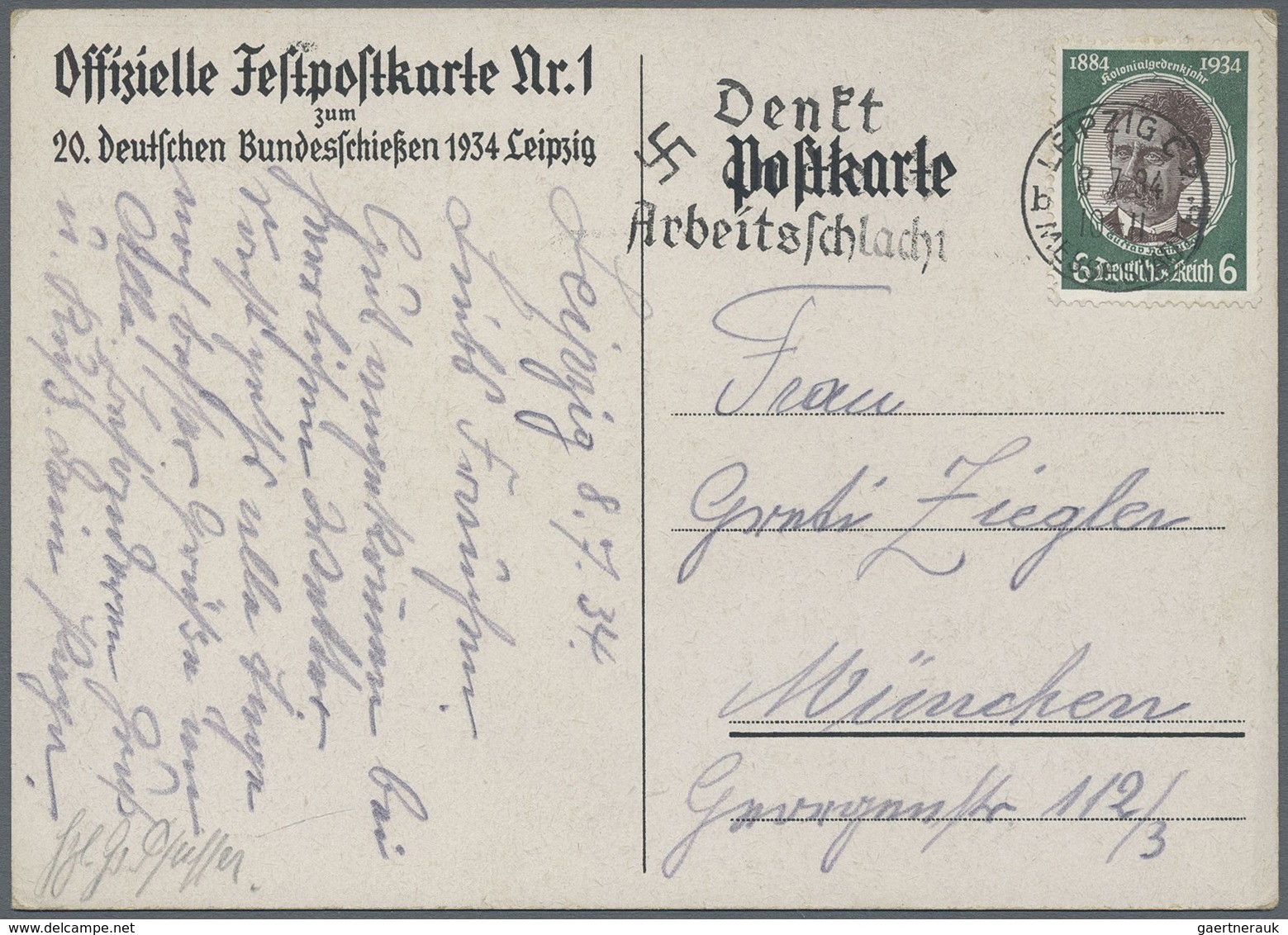 Ansichtskarten: Propaganda: 1934, "20. Deutsches Bundesschießen Leipzig" Offiz. Festpostkarte Nr. 1 - Partiti Politici & Elezioni
