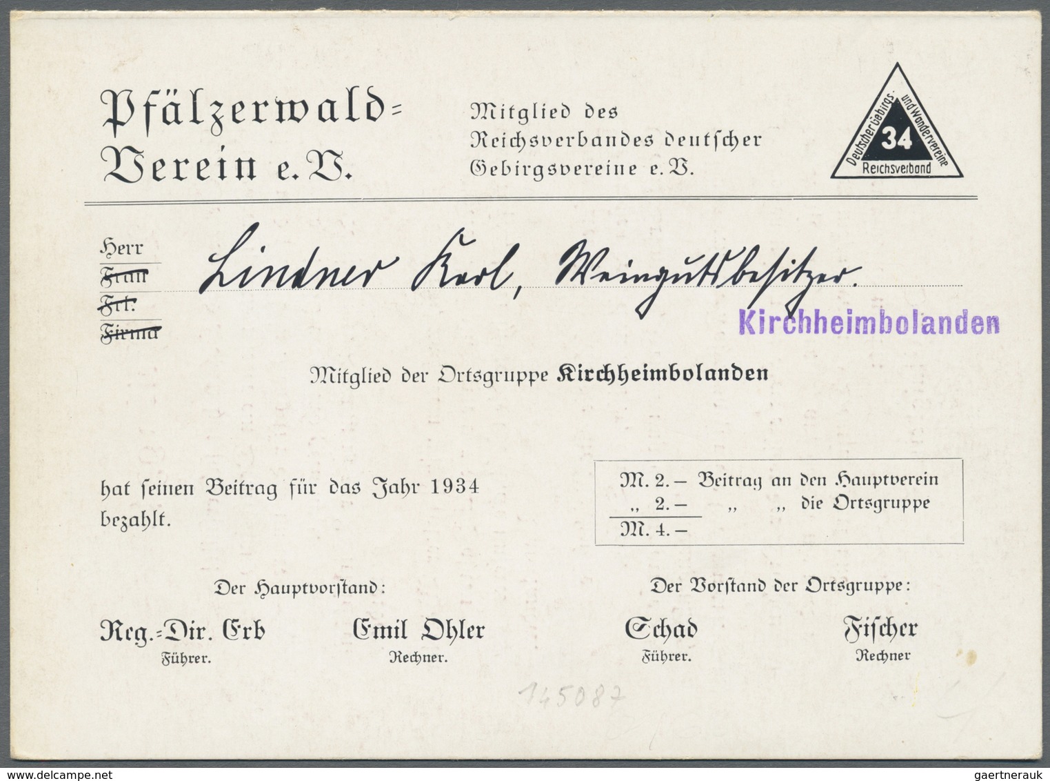 Ansichtskarten: Propaganda: 1934, "Pfälzerwald-Verein E.V." Mitglied-Klappkarte, Innen Mit Vers "Wal - Partis Politiques & élections