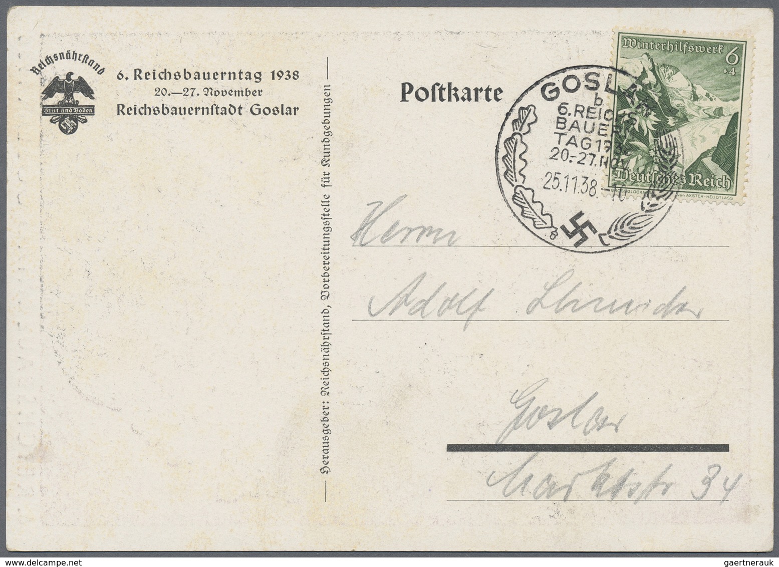 Ansichtskarten: Propaganda: 1938. Farbkarte "6. Reichsbauerntag Goslar 1938" Mit Abb. "Reichsnährsta - Parteien & Wahlen