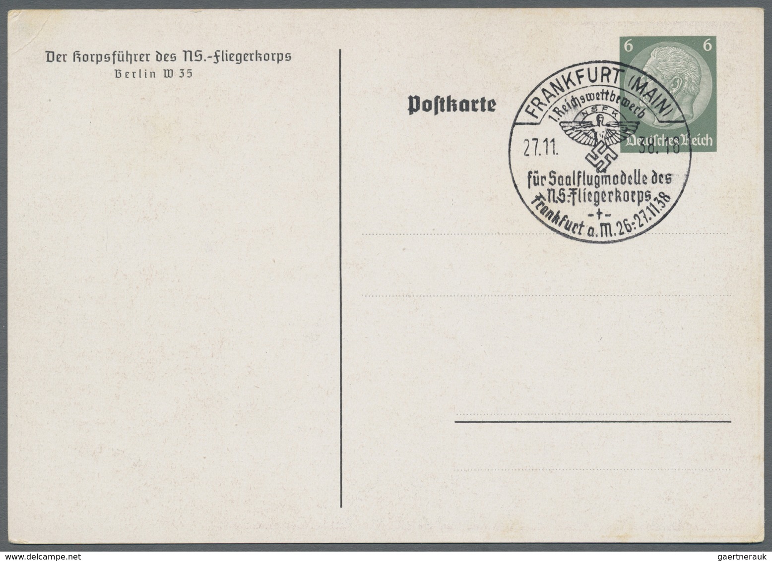 GA Ansichtskarten: Propaganda: 1938, Dt. Reich. Privat-Postkarte 6 Pf Hindenburg "1. Reichswettbewerb F - Parteien & Wahlen