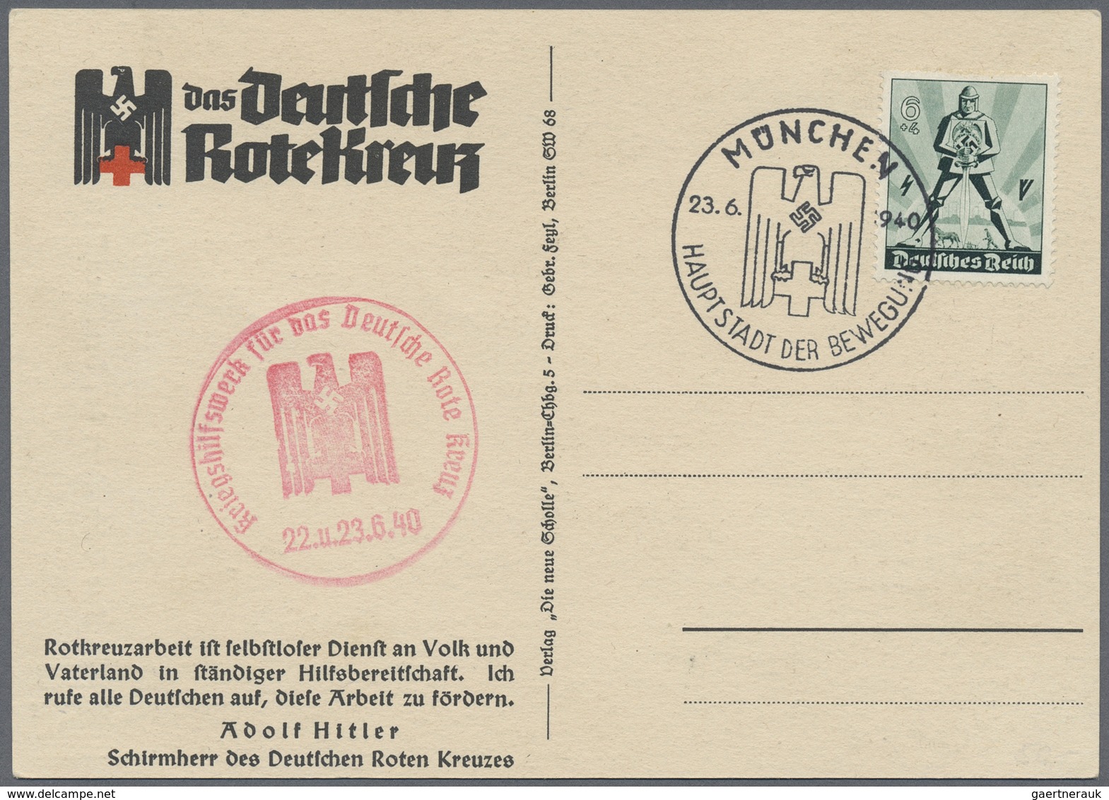 Ansichtskarten: Propaganda: 1940. Farbkarte "Das Deutsche Rote Kreuz" Mit Abb. "Hitler - Der Schirmh - Parteien & Wahlen