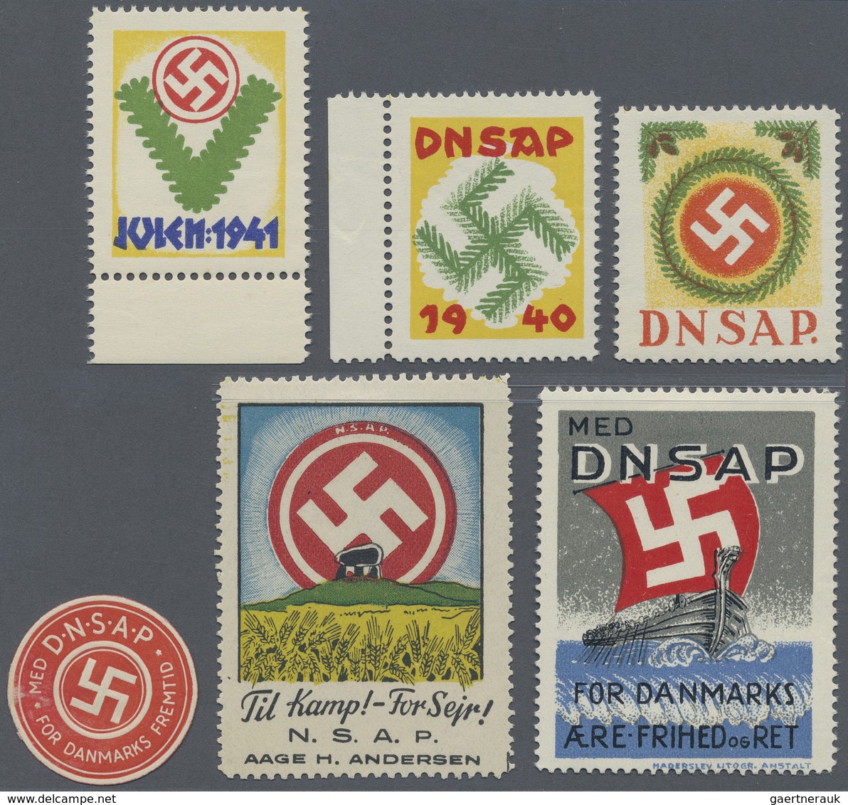 **/* Ansichtskarten: Propaganda: 1939/41, Sechs Verschiedene Seltene Vignetten Der NSDAP In Dänemark, Dav - Parteien & Wahlen