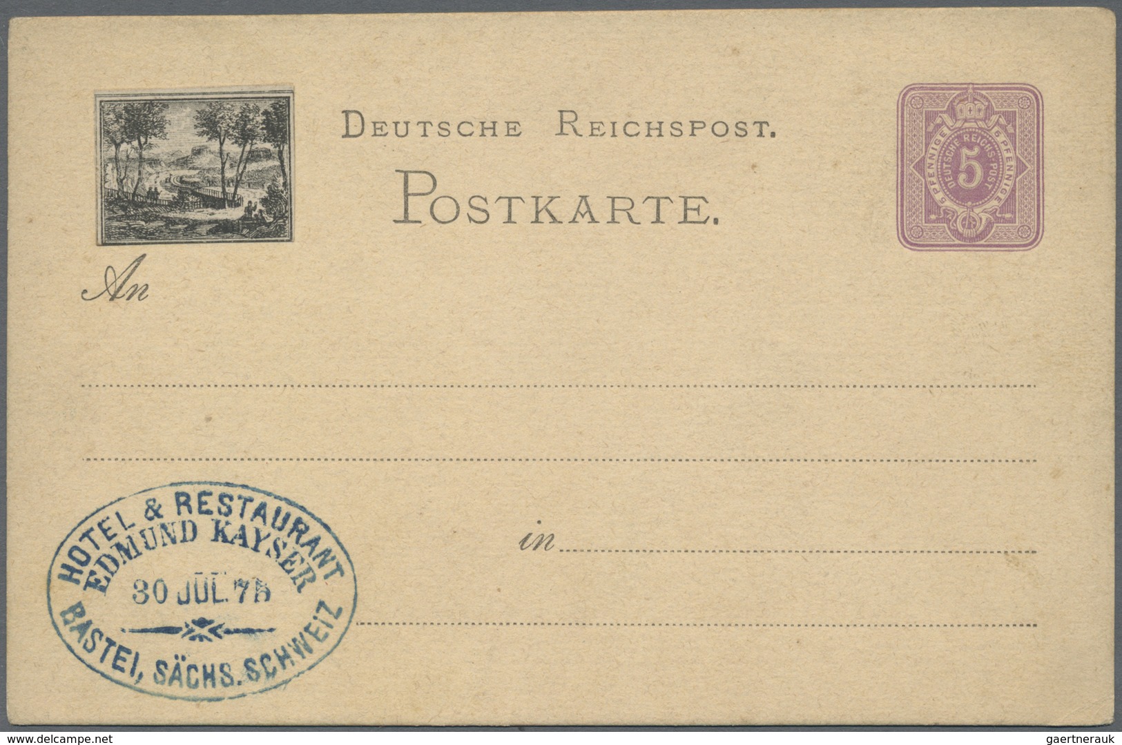 GA Ansichtskarten: Vorläufer: 1875. Postkarte 5 Pf Ziffer Mit Vs. Links Oben Aufgeklebtem Bild "Bäume V - Ohne Zuordnung