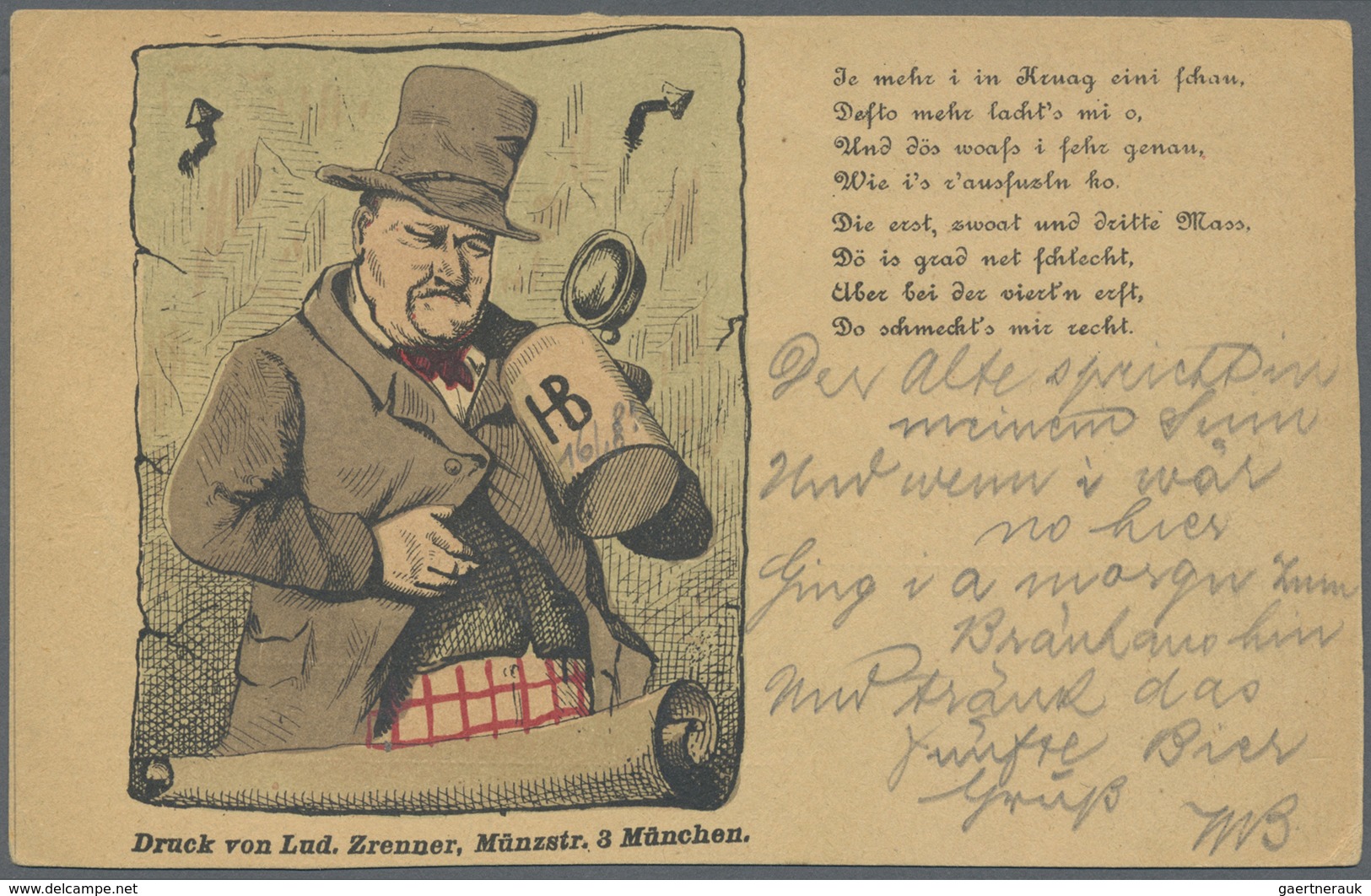 Ansichtskarten: Vorläufer: 1882, MÜNCHEN, Biertrinker Mit Hofbräu Krug "Je Mehr I In Kruag Eini Scha - Non Classificati