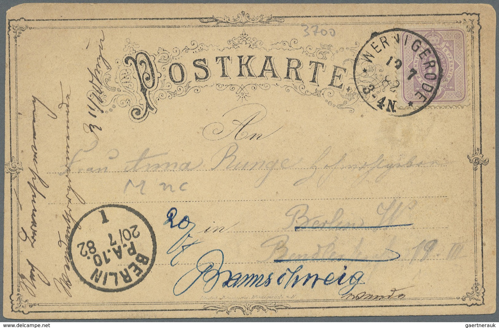 Ansichtskarten: Vorläufer: 1882, WERNIGERODE - STEINERNE RENNE, Vorläuferkarte 1882 Mit Angestoßenen - Ohne Zuordnung