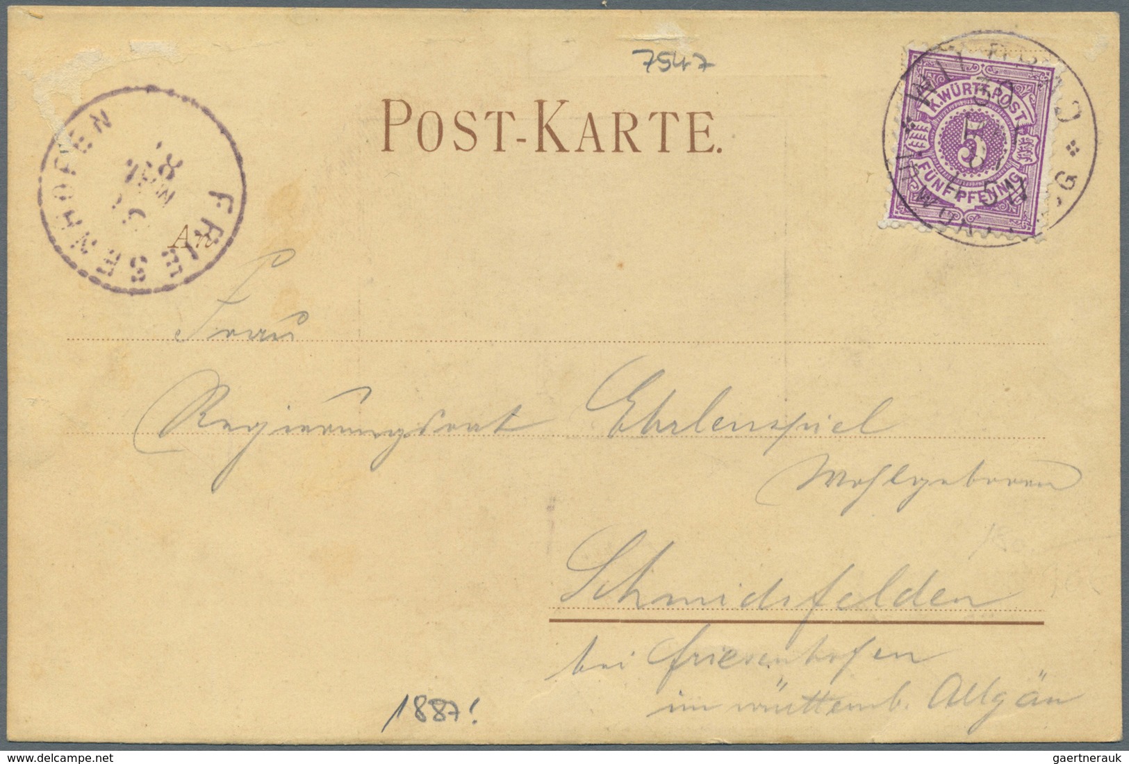 Ansichtskarten: Vorläufer: 1887, Wildbad Mit K1 WILDBAD 30.5.88 Auf 5 Pfg. Württemberg Lila, Minimal - Ohne Zuordnung