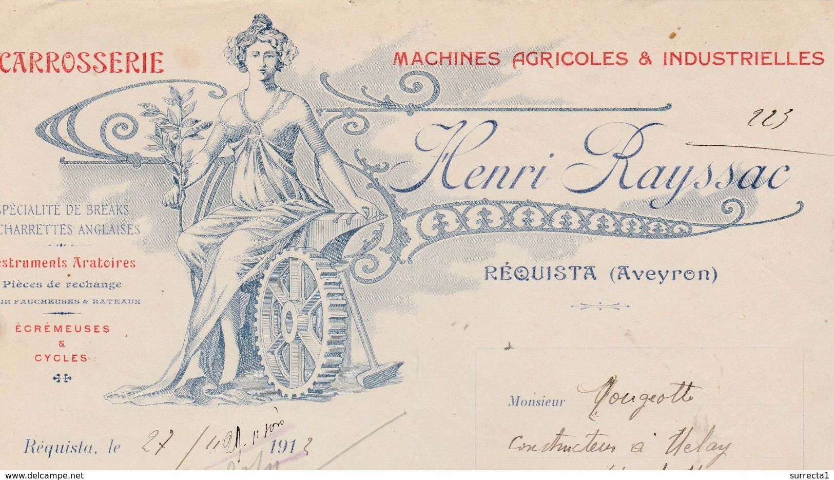 Facture 1912 / Henri RAYSSAC / Machines Agricoles / Carrosserie / 09 Réquista / Aveyron - Autres & Non Classés