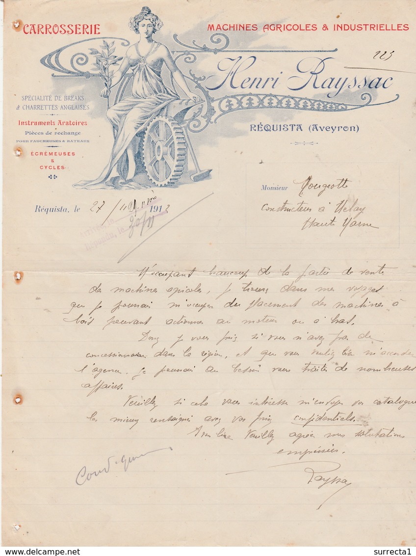 Facture 1912 / Henri RAYSSAC / Machines Agricoles / Carrosserie / 09 Réquista / Aveyron - Autres & Non Classés