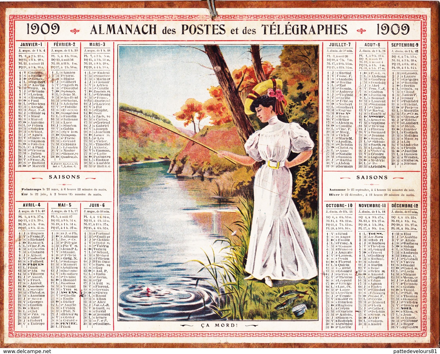 Calendrier Almanach Année 1909 Sport Pêche à La Ligne Pêcheuse Femme Pêcheur Département 31 Illustrateur - Other & Unclassified