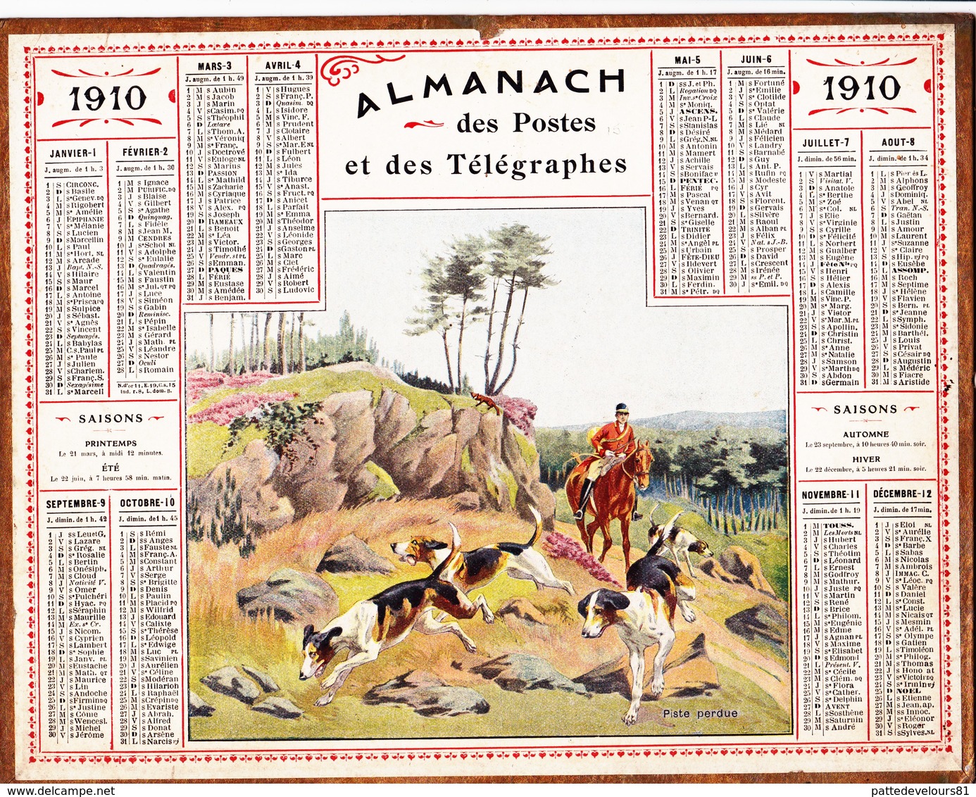 Calendrier Almanach Année 1910 Sport Chasse à Courre Chasseur Chien De Chasse Département 31 Illustrateur - Autres & Non Classés