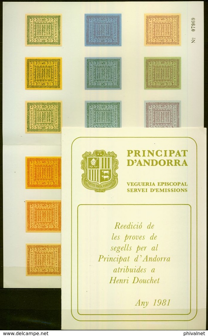 1981 , REEDICIÓN DE LAS PRUEBAS DE SELLOS PARA EL PRINCIPADO DE ANDORRA ATRIBUIDOS A HENRI DOUCHET - Autres & Non Classés