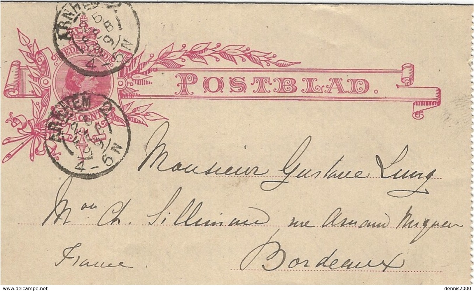 1899- POSTBLAD 12 1/2 Cent From ARNHEM To Bordeaux ( France ) - Brieven En Documenten