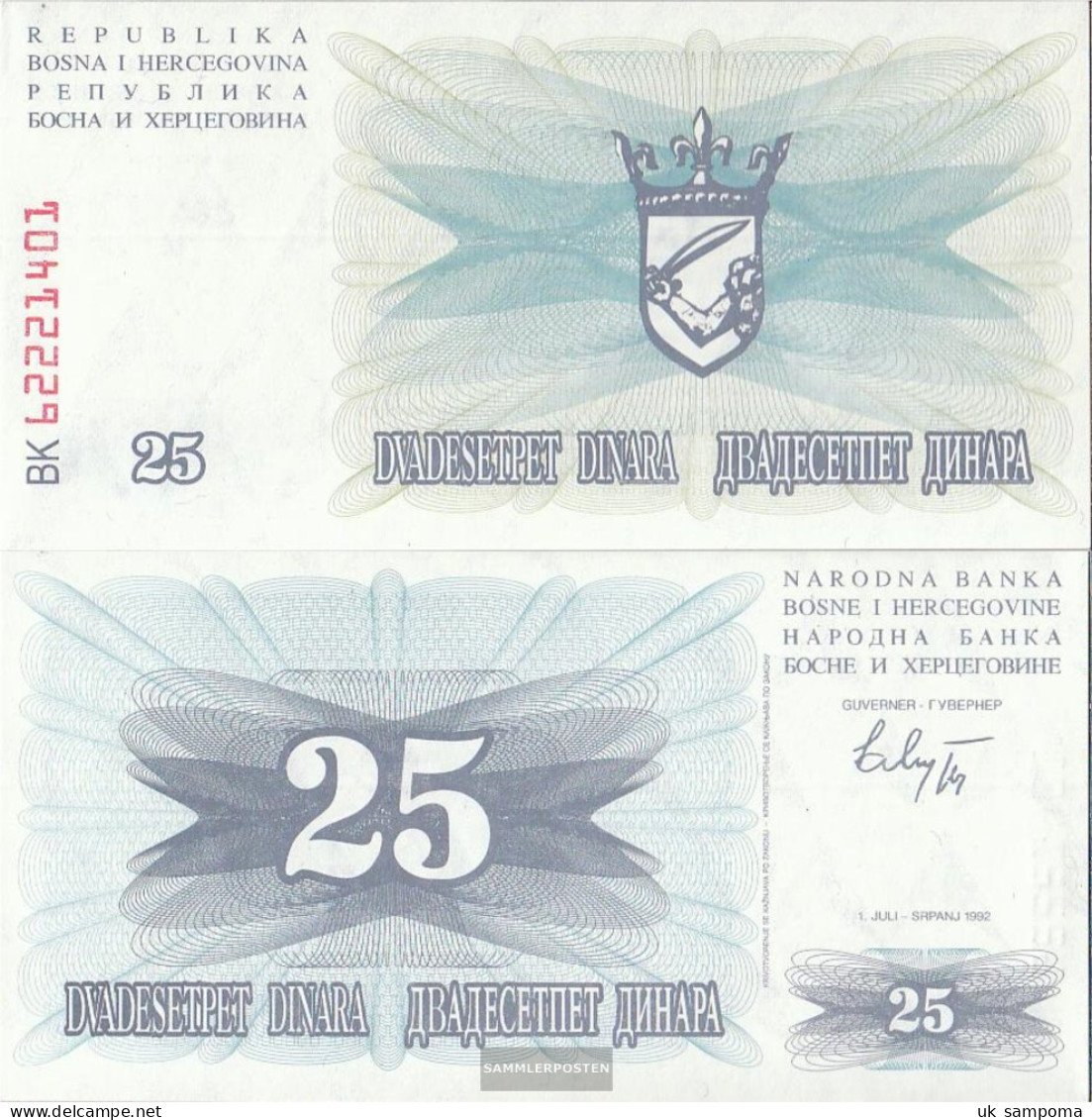 Bosnia-Herzegovina Pick-number: 11a Uncirculated 1992 25 Dinara - Bosnia Y Herzegovina